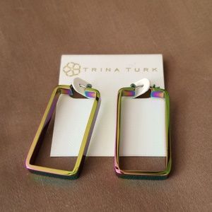 Rectangle hoop earrings.  Color is iridescent.